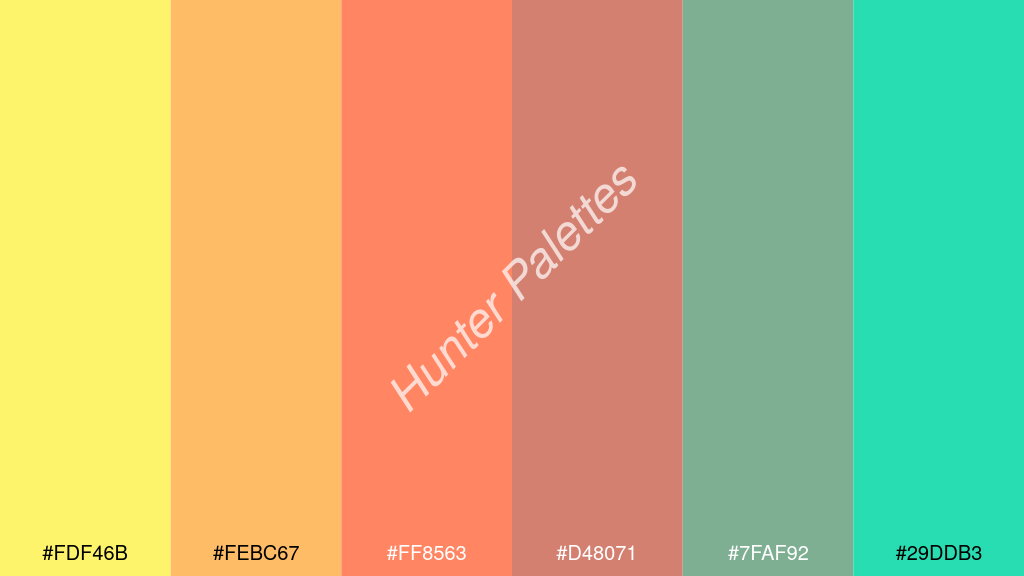 pasztell piros szín palettája a következőkkel: #fdf46b #febc67 #ff8563 #d48071 #7faf92 #29ddb3