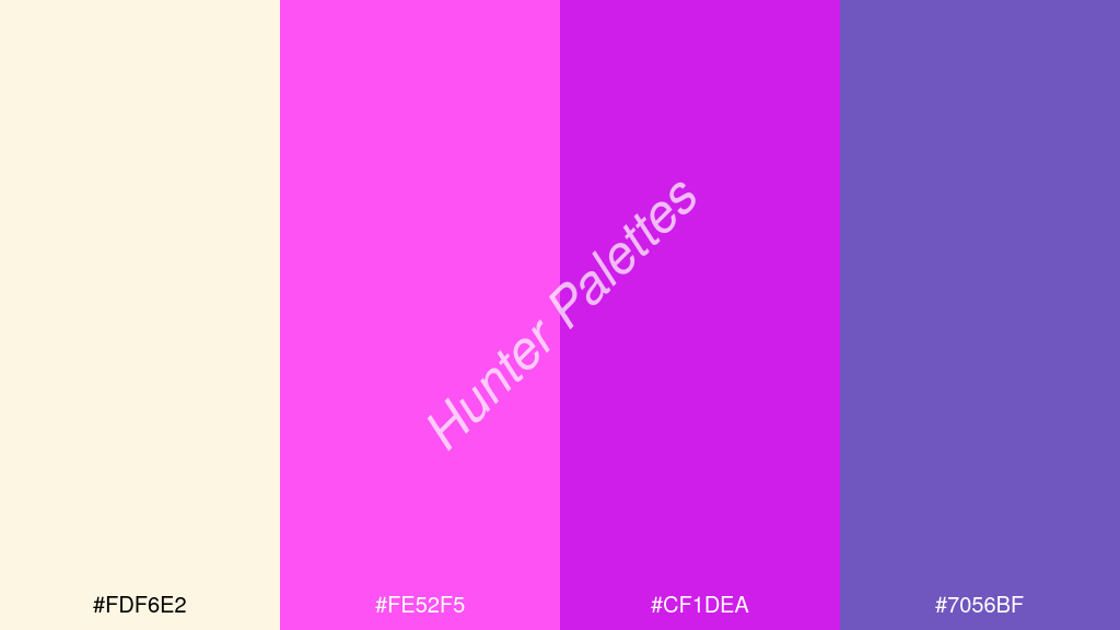 magenta szín palettája a következőkkel: #fdf6e2 #fe52f5 #cf1dea #7056bf