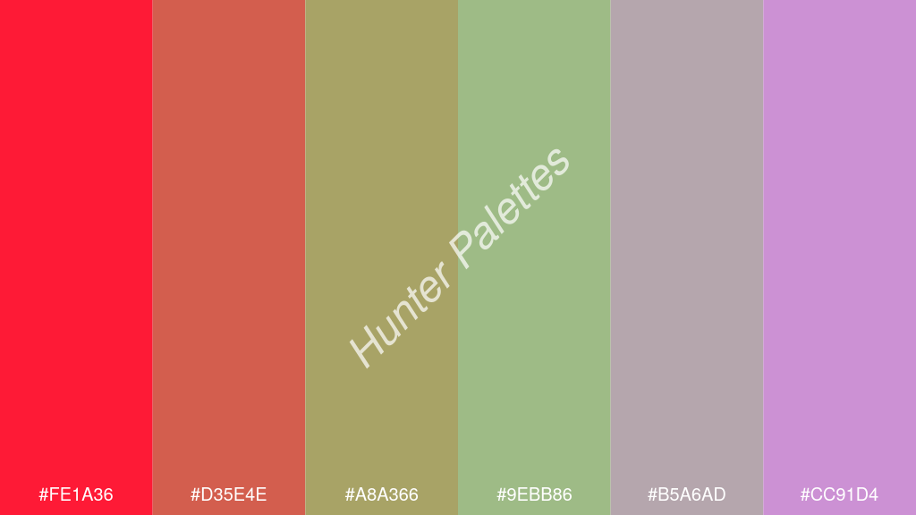 pisztáciazöld szín palettája a következőkkel: #fe1a36 #d35e4e #a8a366 #9ebb86 #b5a6ad #cc91d4