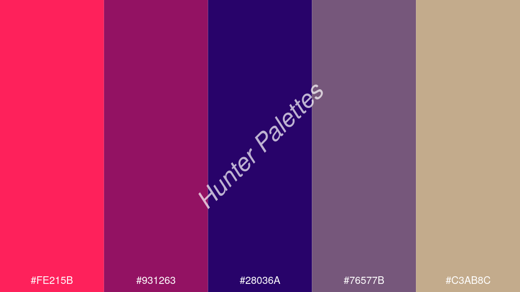 Francia kék szín palettája a következőkkel: #fe215b #931263 #28036a #76577b #c3ab8c