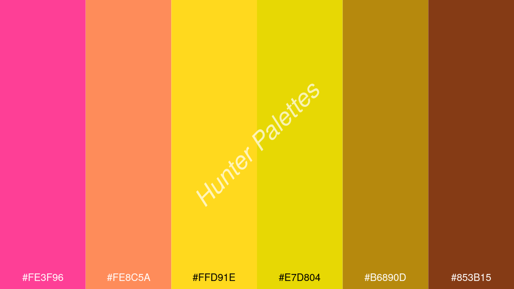 sárga szín palettája a következőkkel: #fe3f96 #fe8c5a #ffd91e #e7d804 #b6890d #853b15