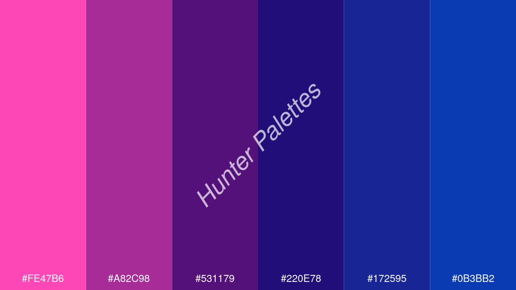 Francia kék szín palettája a következőkkel: #fe47b6 #a82c98 #531179 #220e78 #172595 #0b3bb2