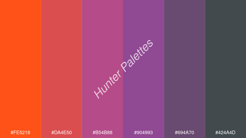 lila szín palettája a következőkkel: #fe5218 #da4e50 #b54b88 #904993 #694a70 #424a4d