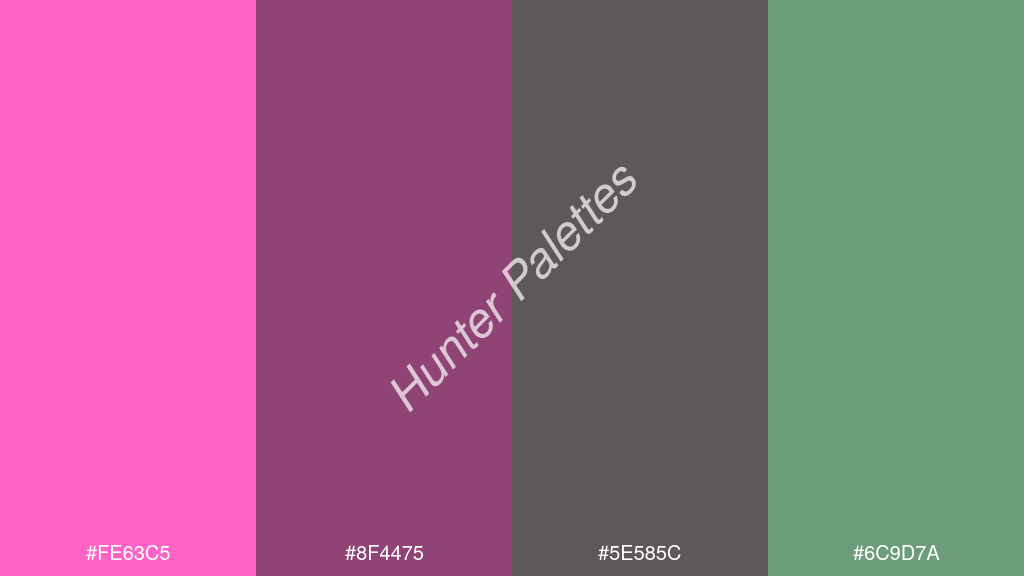 szilva szín palettája a következőkkel: #fe63c5 #8f4475 #5e585c #6c9d7a