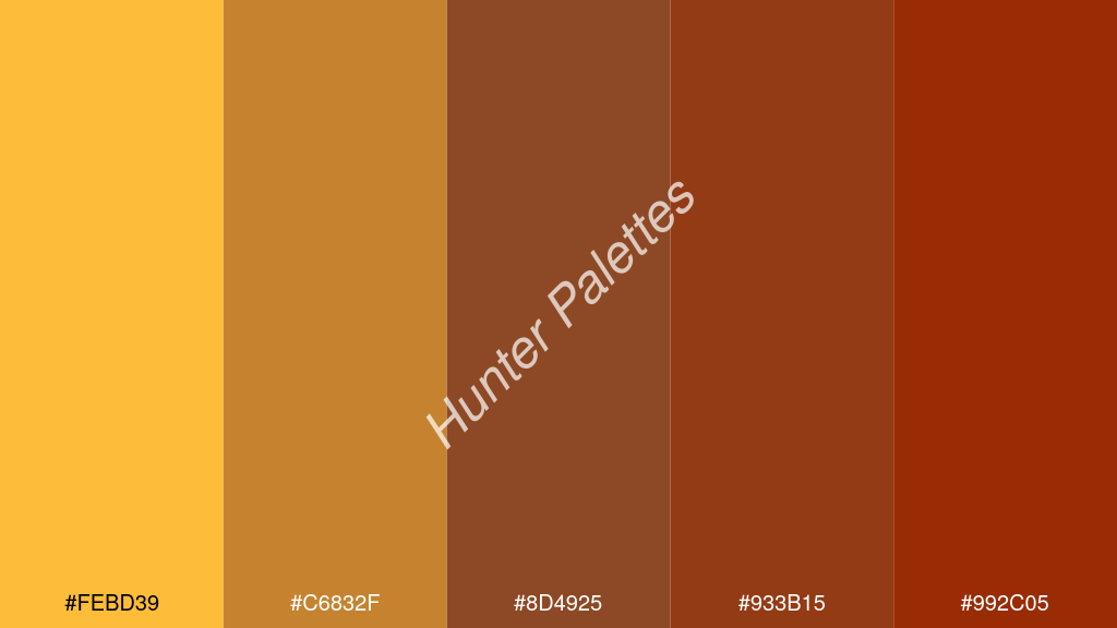 barna szín palettája a következőkkel: #febd39 #c6832f #8d4925 #933b15 #992c05