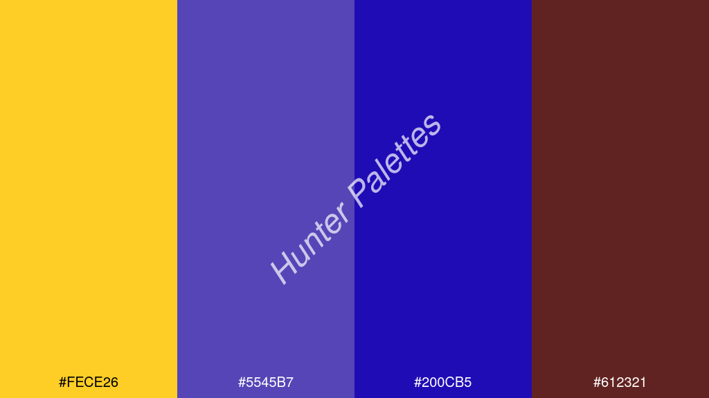 kék szín palettája a következőkkel: #fece26 #5545b7 #200cb5 #612321