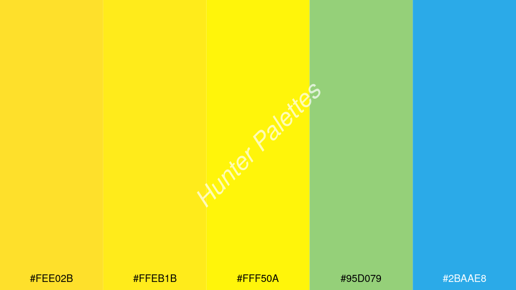 neon sárga szín palettája a következőkkel: #fee02b #ffeb1b #fff50a #95d079 #2baae8