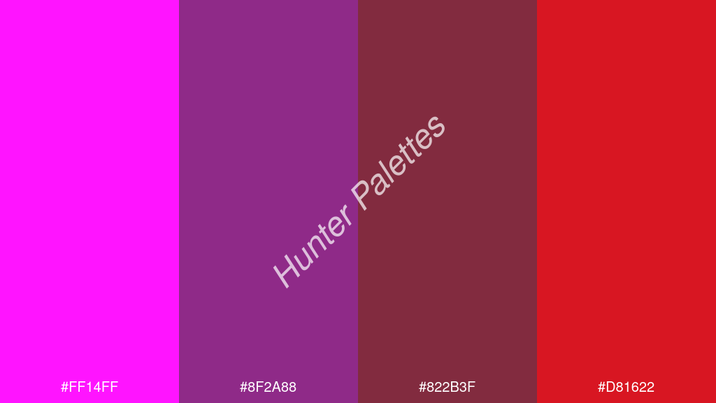 orchidea szín palettája a következőkkel: #ff14ff #8f2a88 #822b3f #d81622