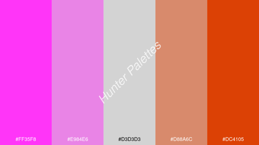 világos szürke szín palettája a következőkkel: #ff35f8 #e984e6 #d3d3d3 #d88a6c #dc4105
