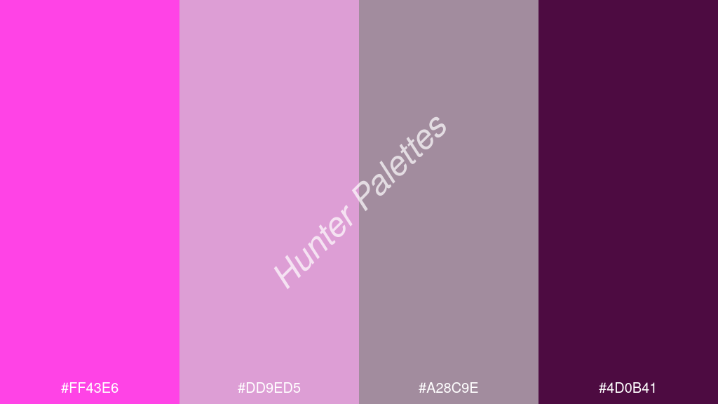 cccccc szín palettája a következőkkel: #ff43e6 #dd9ed5 #a28c9e #4d0b41