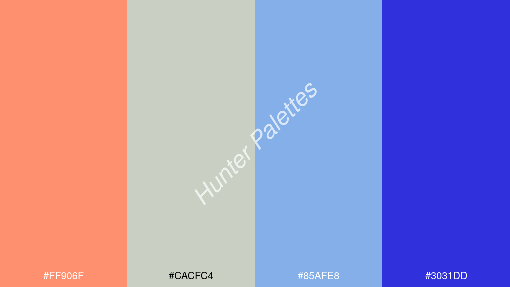 halvány türkiz szín palettája a következőkkel: #ff906f #cacfc4 #85afe8 #3031dd