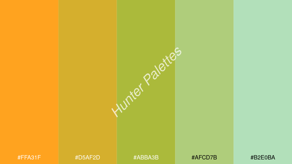 kivi szín palettája a következőkkel: #ffa31f #d5af2d #abba3b #afcd7b #b2e0ba