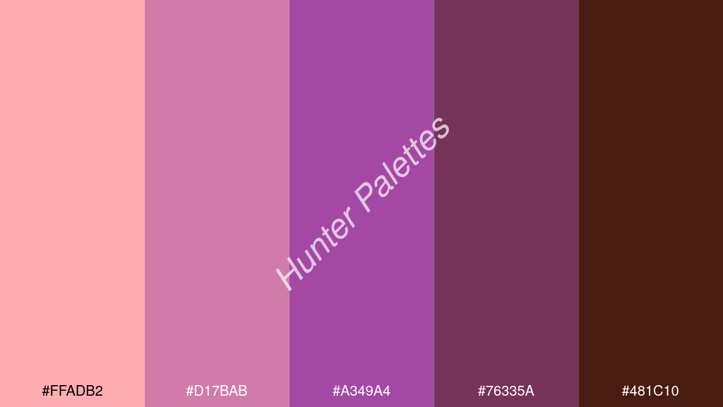 lila szín palettája a következőkkel: #ffadb2 #d17bab #a349a4 #76335a #481c10