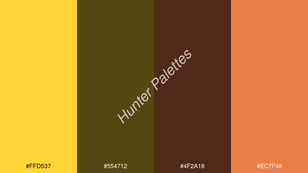 fekete szín palettája a következőkkel: #ffd537 #554712 #4f2a18 #ec7f48